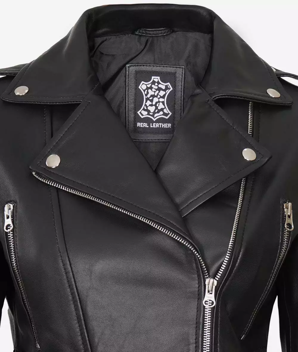 Black Asymmetrical Cropped Leather Jacket for Women