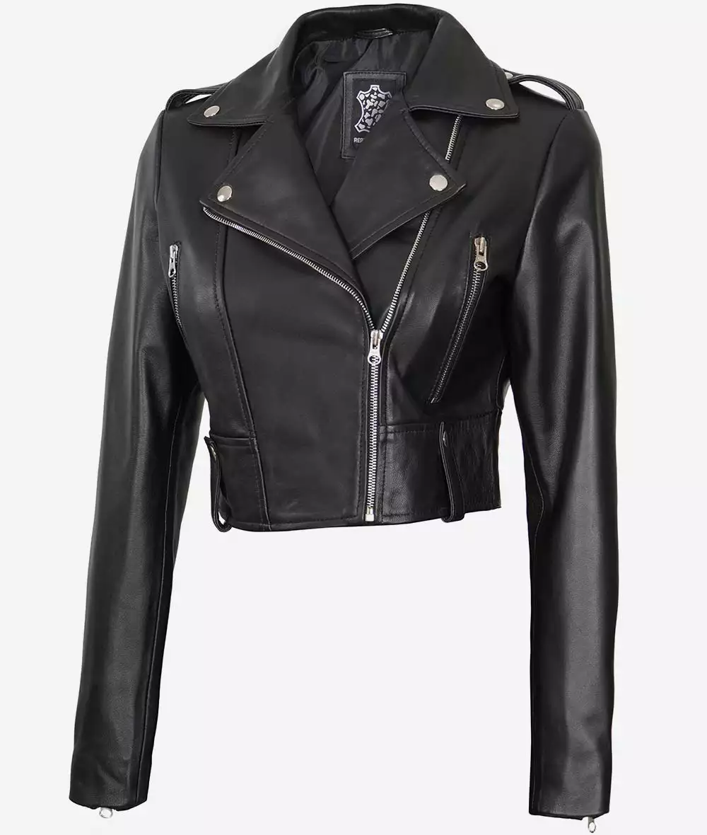 Black Asymmetrical Cropped Leather Jacket for Women