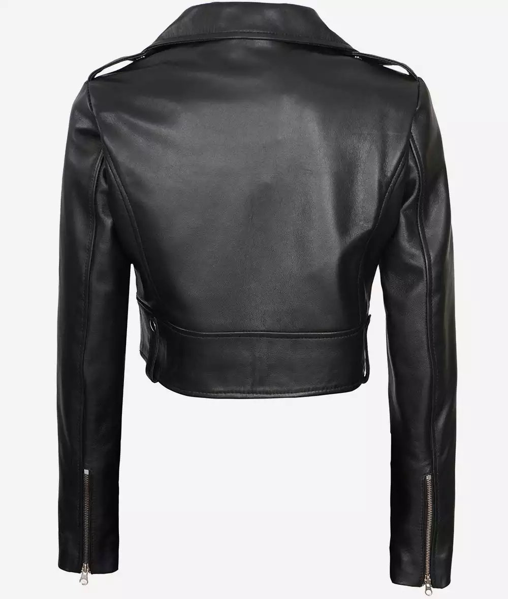 Black Asymmetrical Cropped Leather Jacket for Women