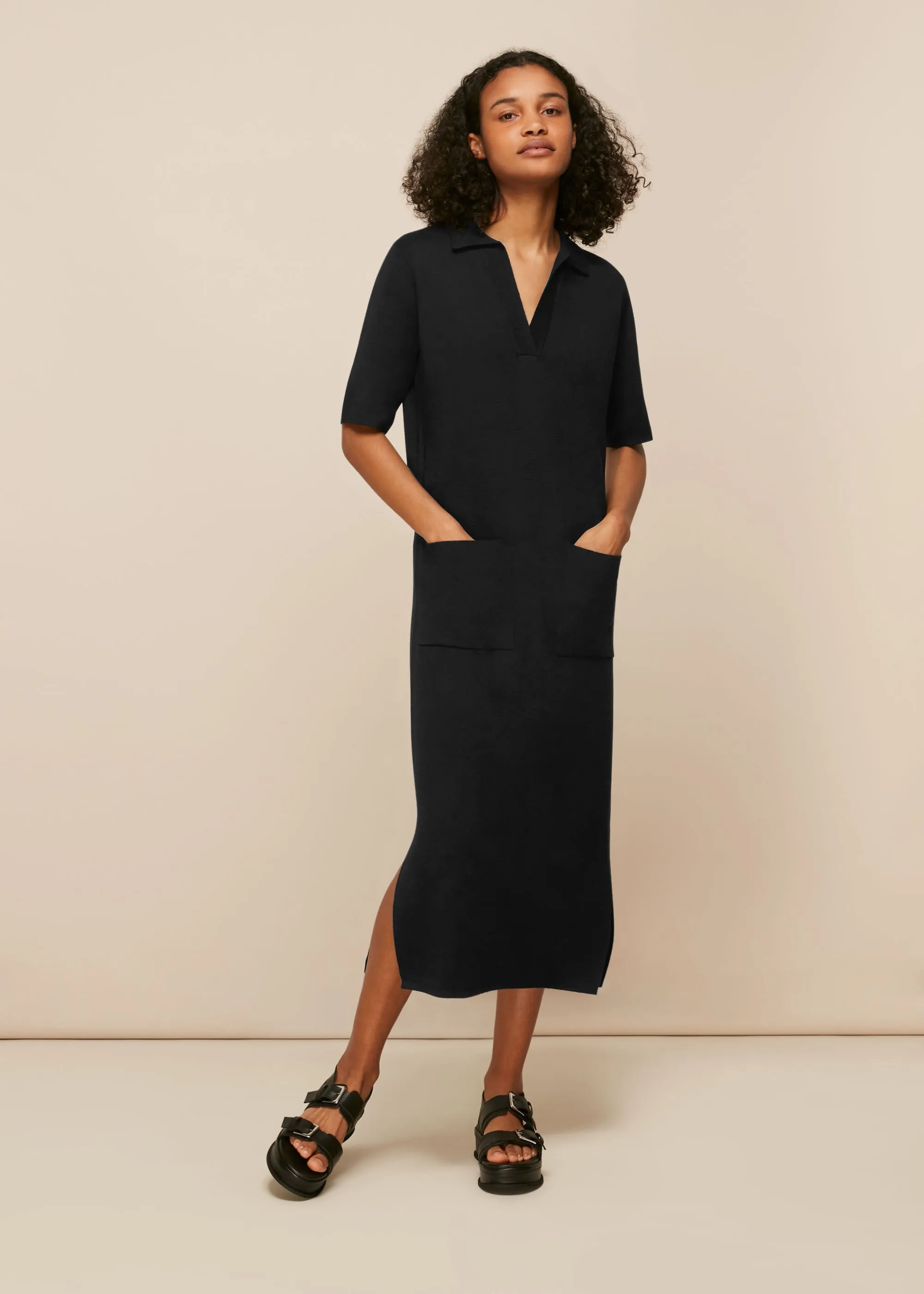 Black Collar Detail Midi Knit Dress