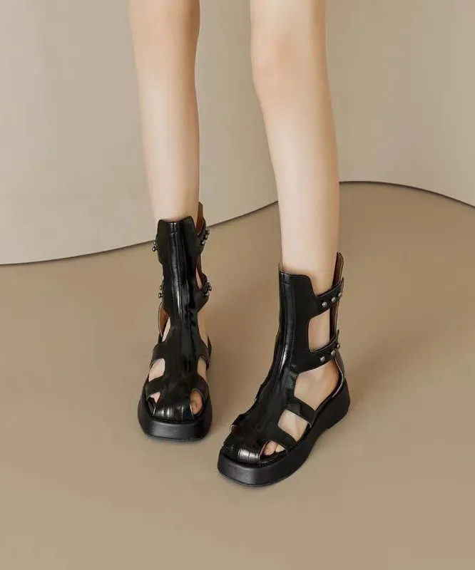 Black Cowhide Leather Hollow Out Platform Sandals Boots