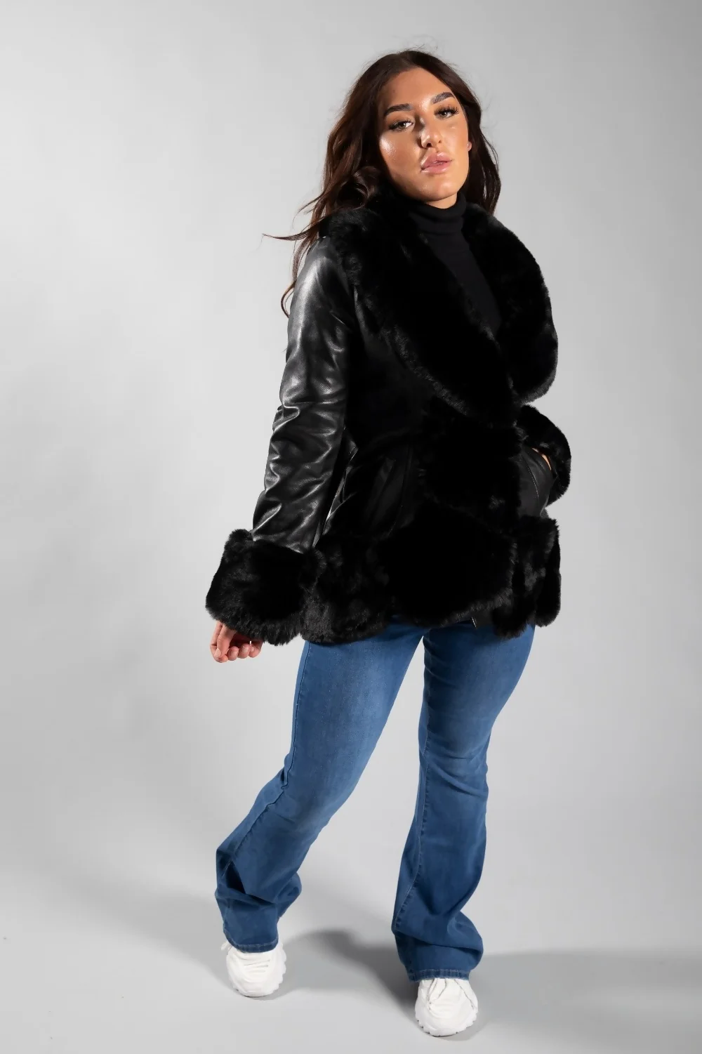 Faux Fur Trimmed Belted Leather Coat in Black