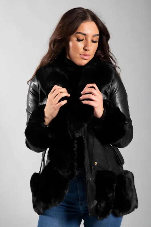 Faux Fur Trimmed Belted Leather Coat in Black