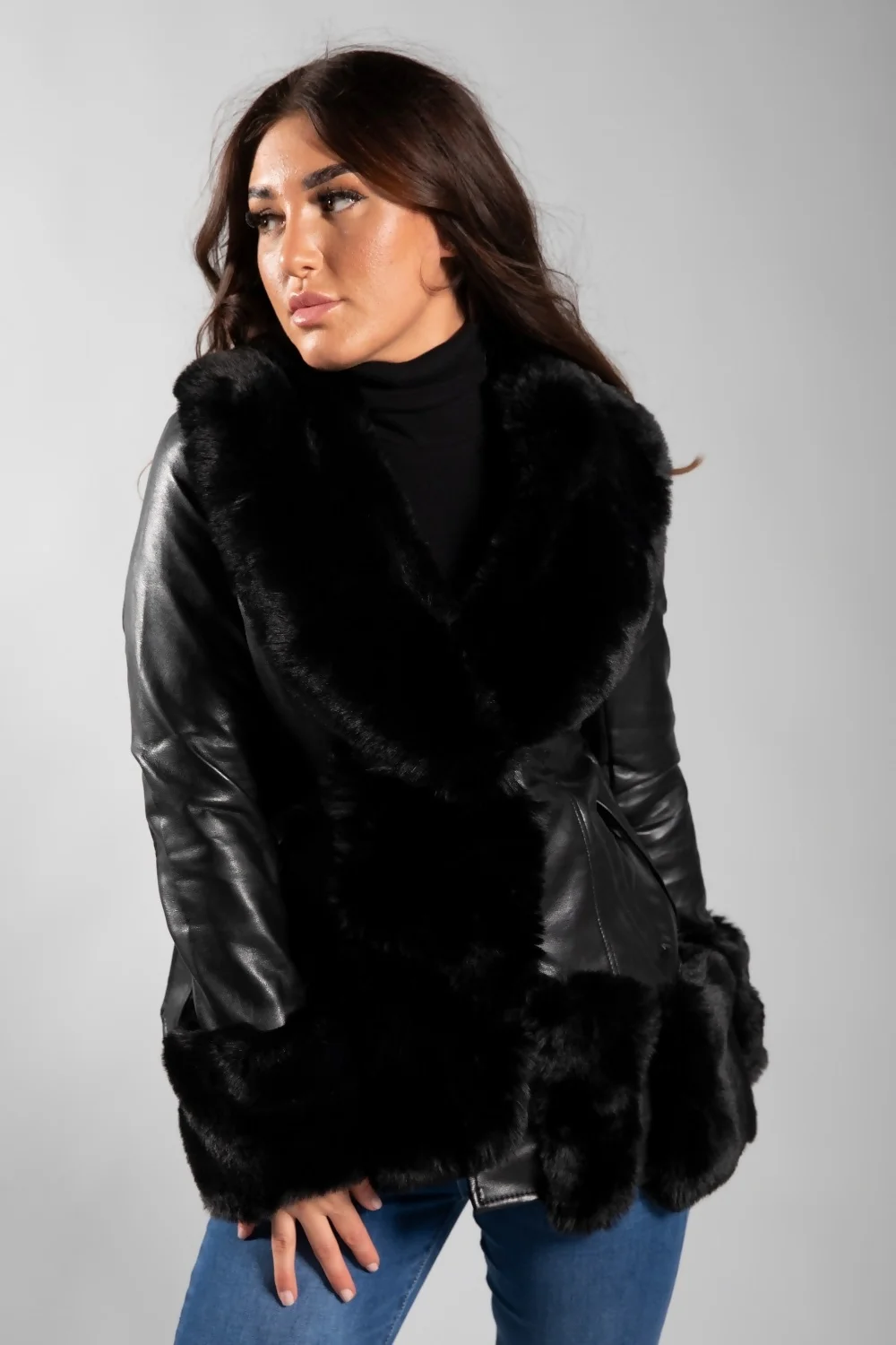 Faux Fur Trimmed Belted Leather Coat in Black