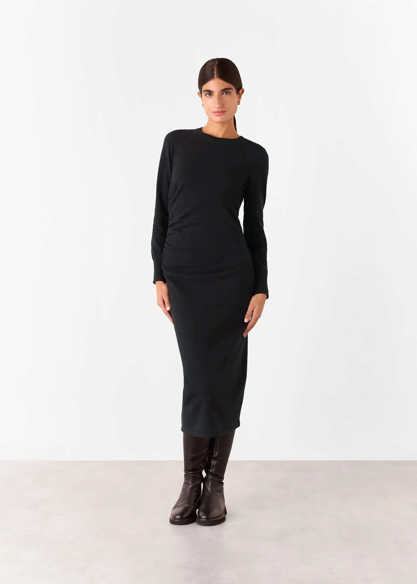 Black Gathered Side Midi Knit Dress