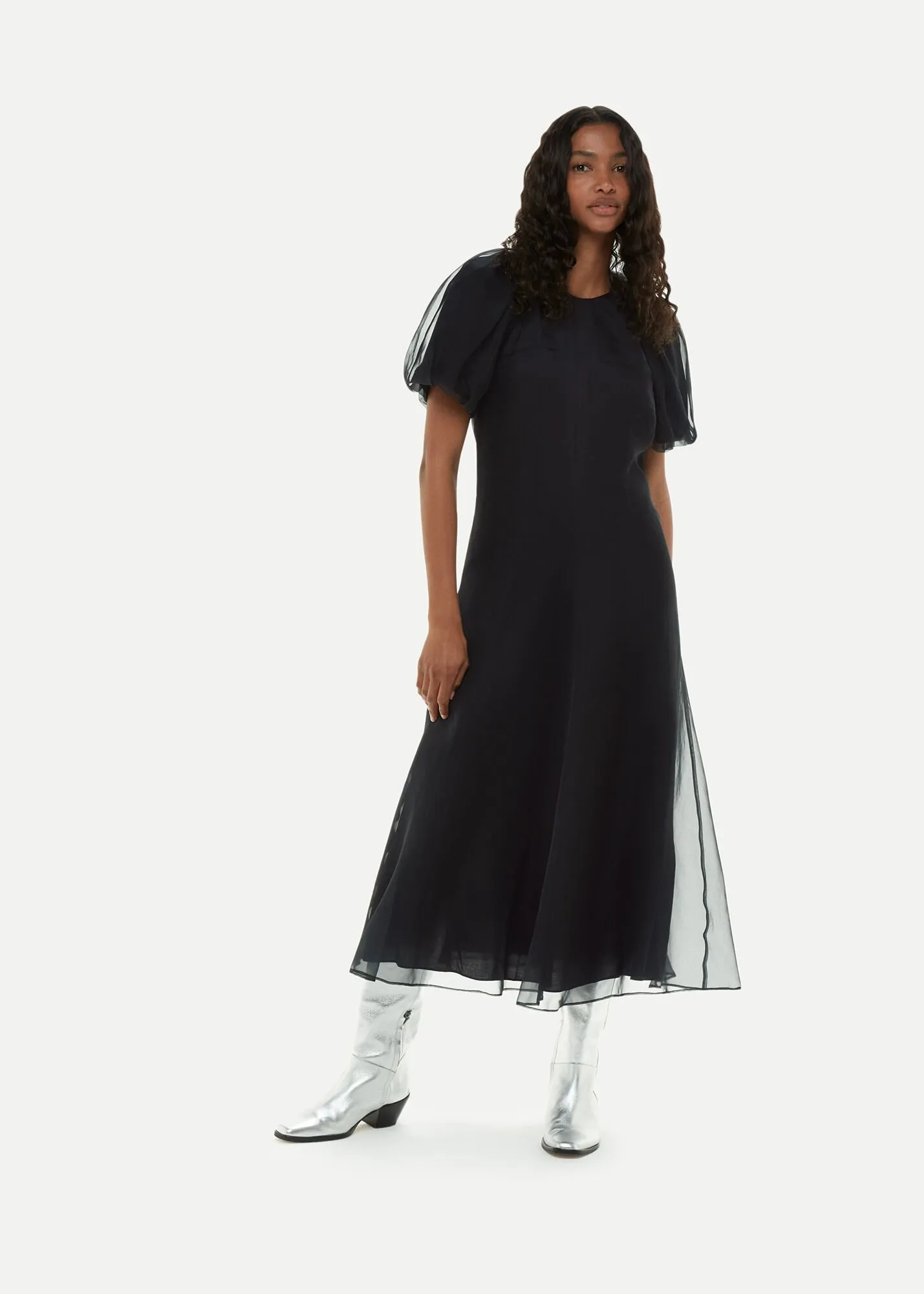 Black Organza Silk Puff Sleeve Dress