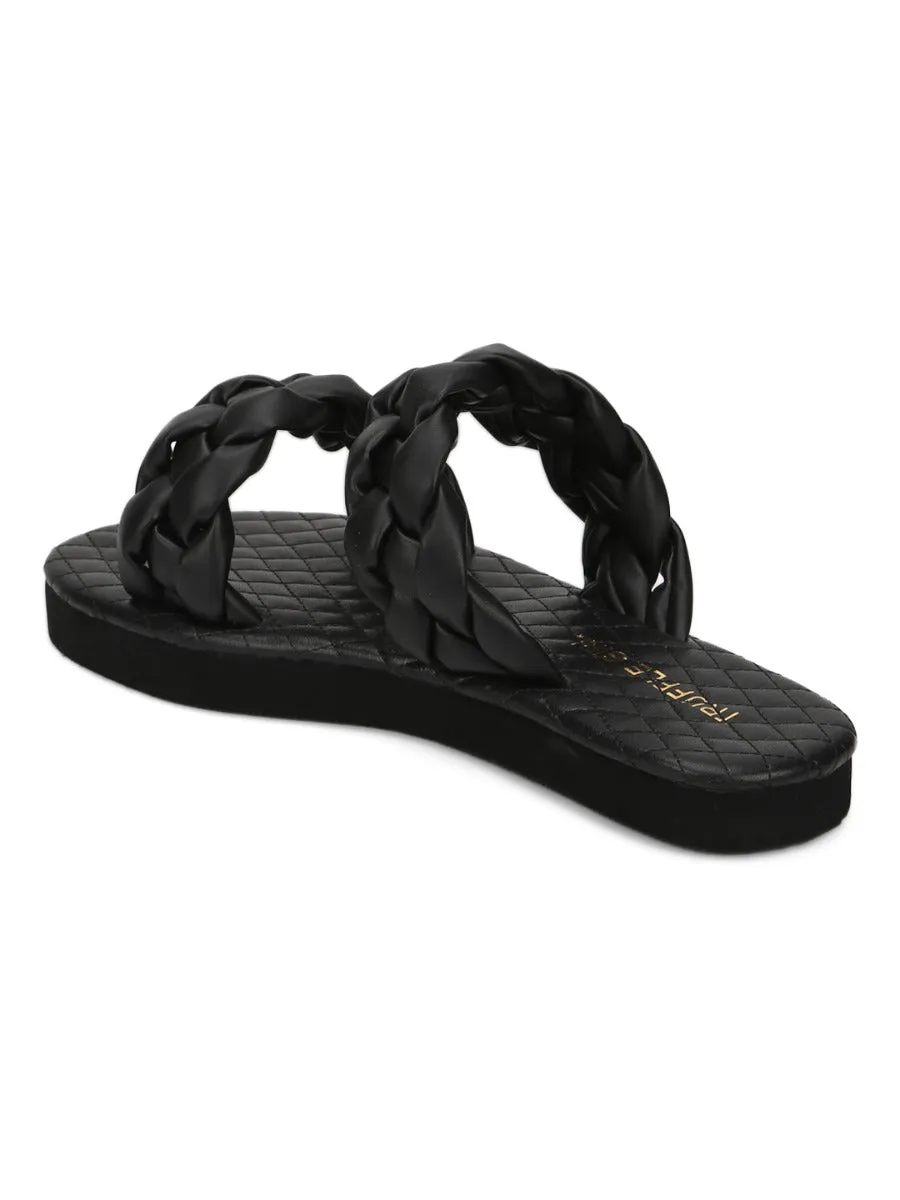 Black PU Braided Strap Slides