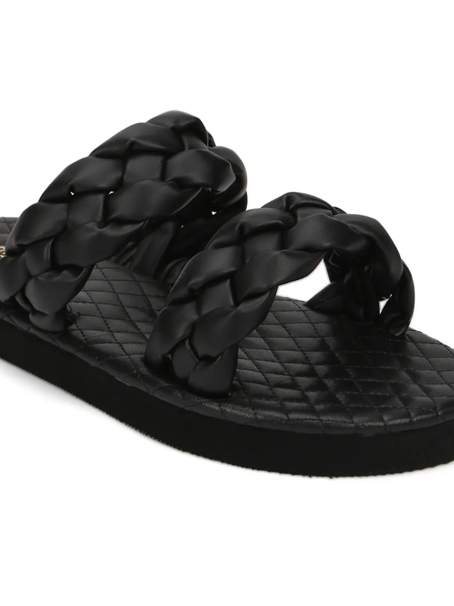 Black PU Braided Strap Slides