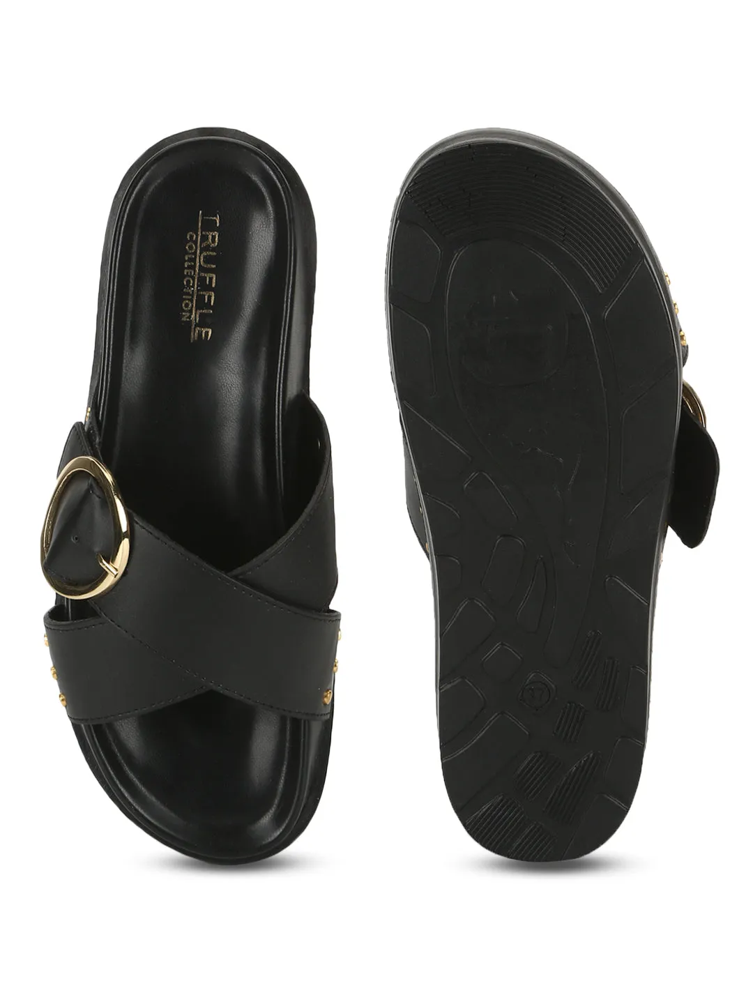 Black PU Crisscross Side Buckle Slides