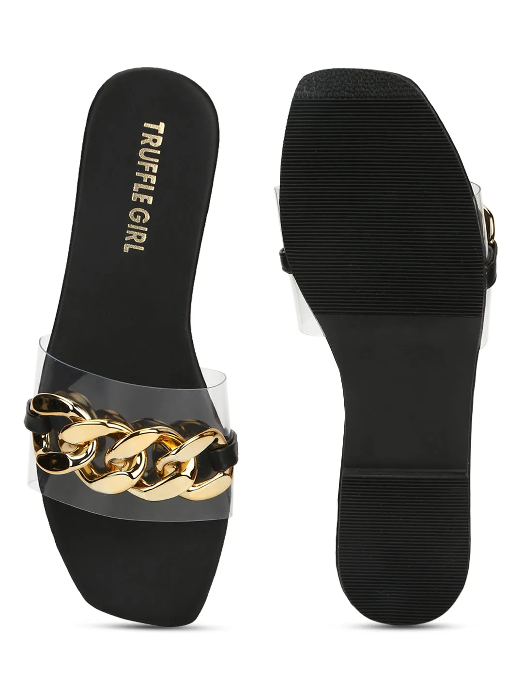 Black PU Gold Chain Slides