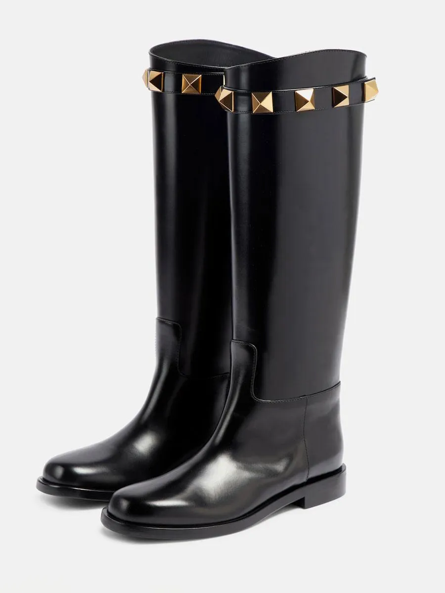 Black Round Toe Flat Knee High Riding Boots