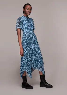 Blue Jungle Cheetah Pleated Dress