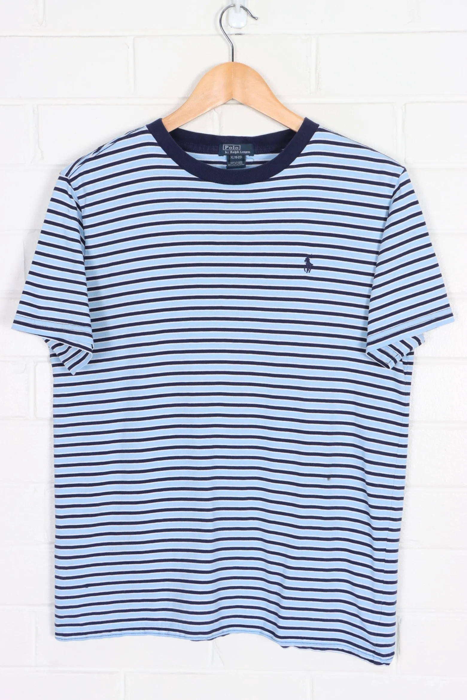 Blue Striped Ralph Lauren Polo T-Shirt (Medium-Large)