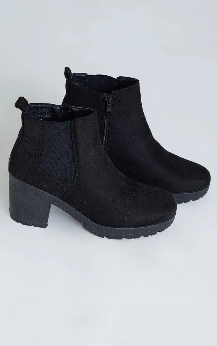 Black Faux Suede Round Toe Block Heel Chelsea Boots