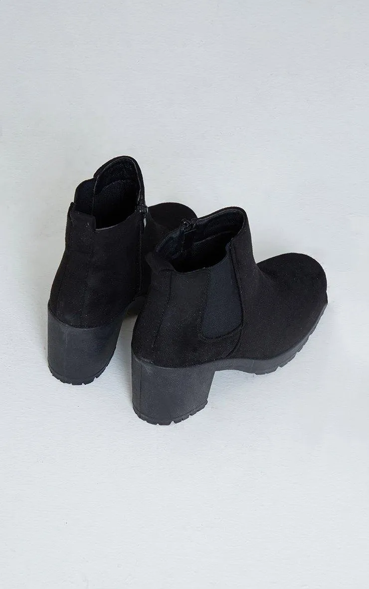 Black Faux Suede Round Toe Block Heel Chelsea Boots