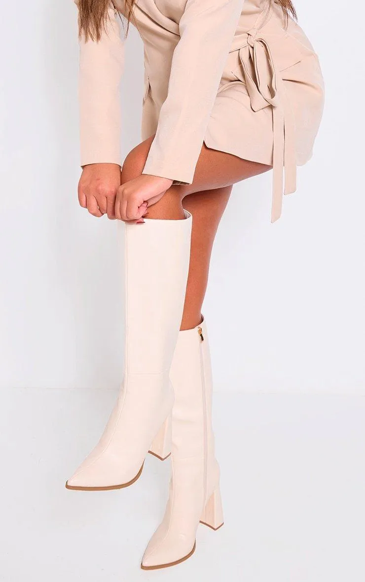 Cream Pu Point Toe Knee High Block Heeled Boots