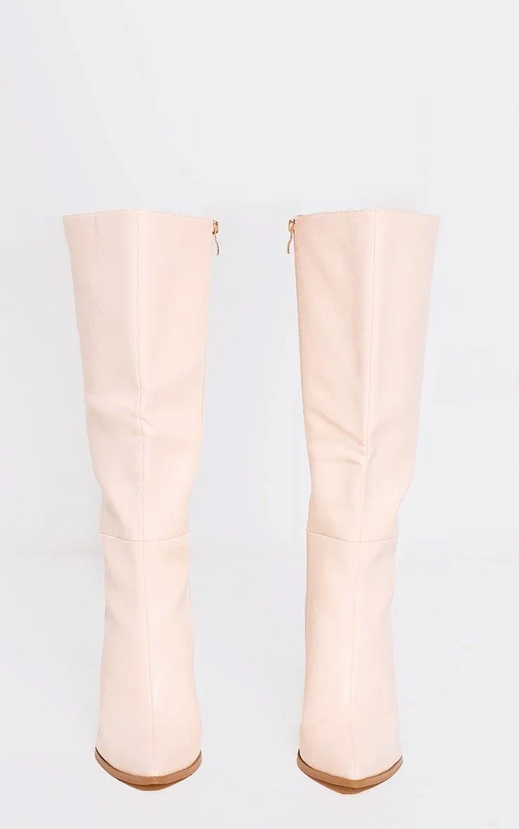 Cream Pu Point Toe Knee High Block Heeled Boots