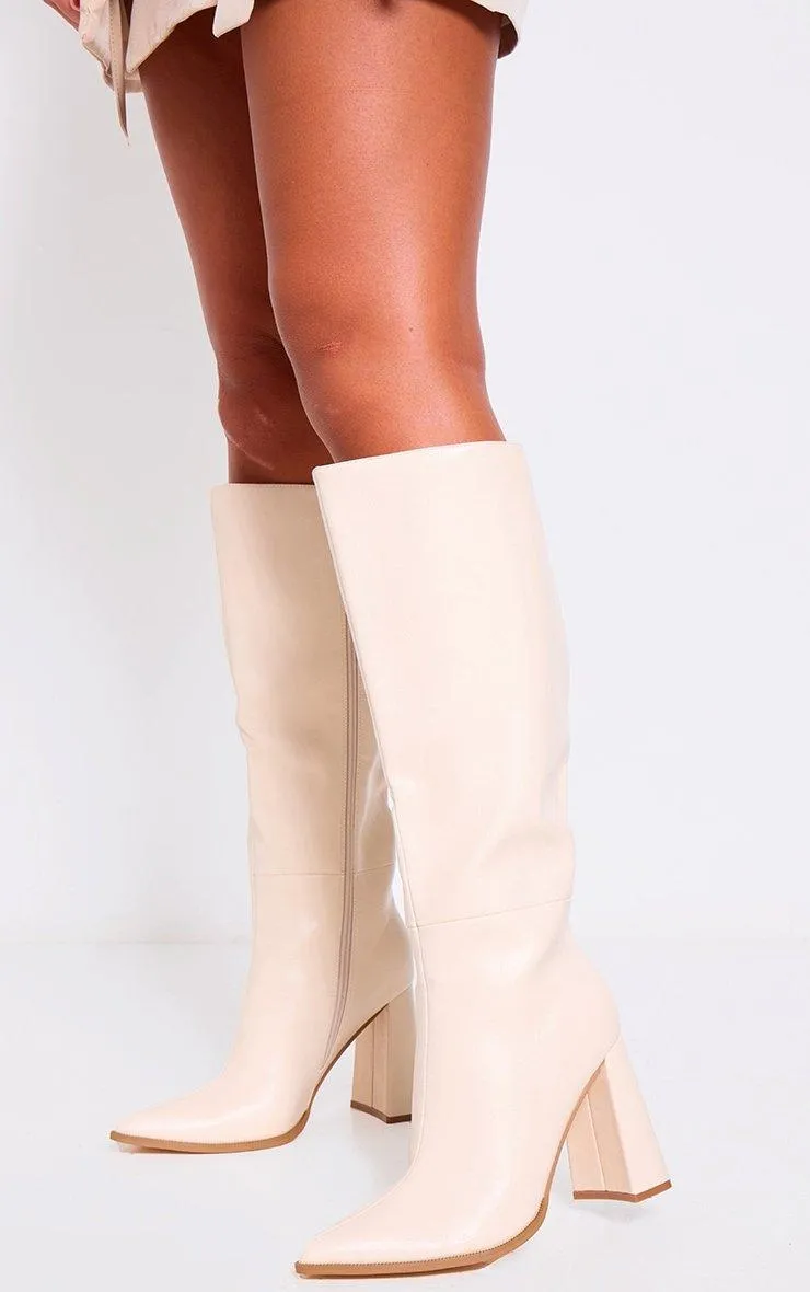 Cream Pu Point Toe Knee High Block Heeled Boots