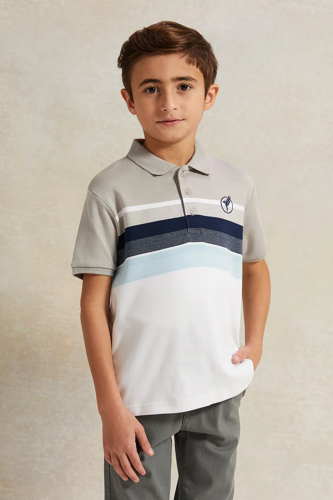 Boys Beige Striped Polo Shirt