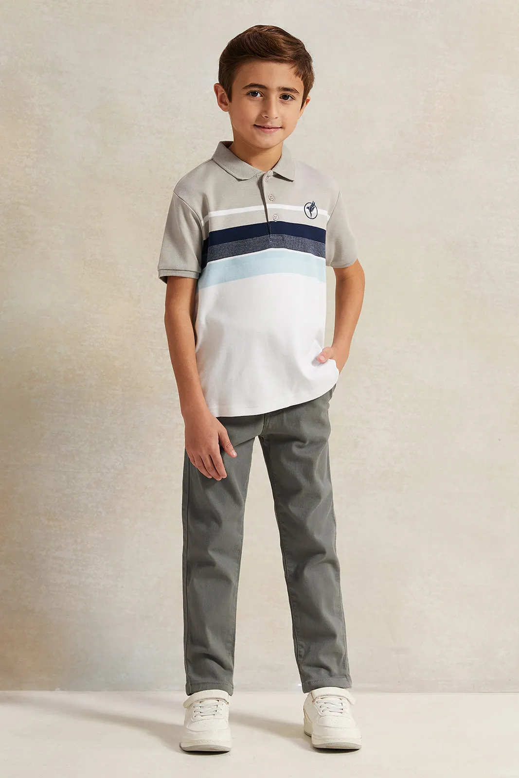 Boys Beige Striped Polo Shirt