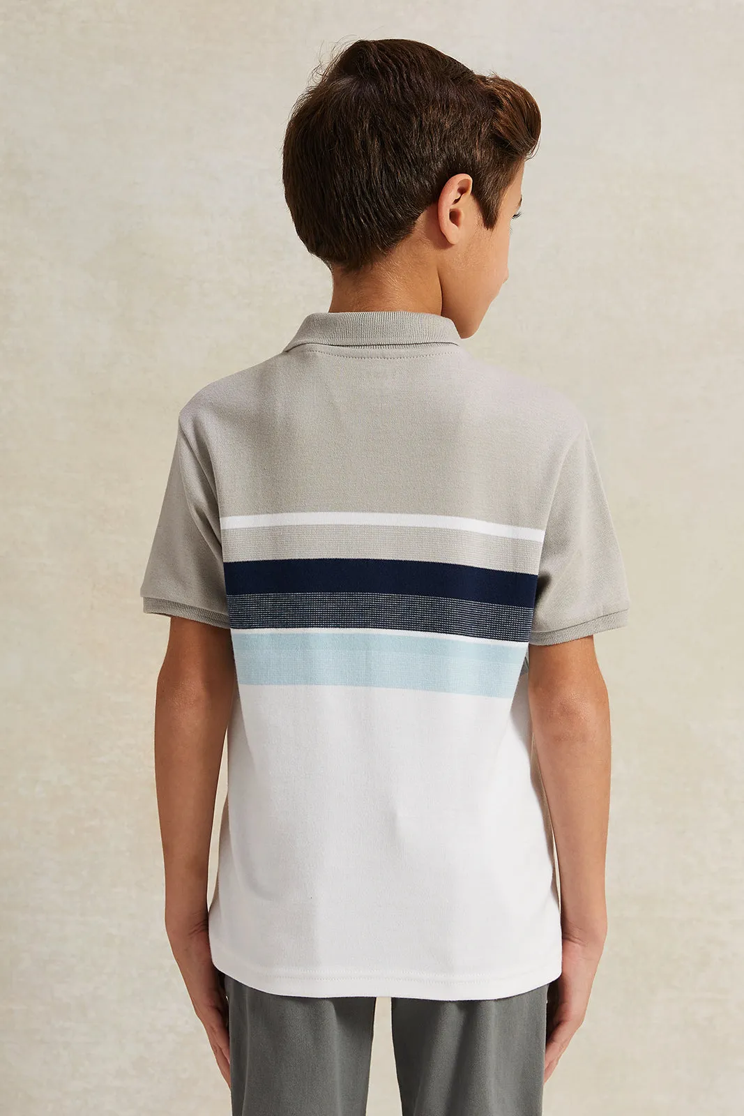 Boys Beige Striped Polo Shirt