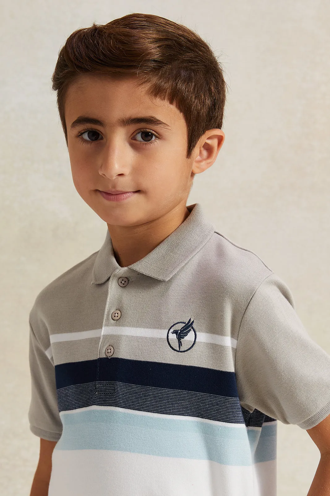 Boys Beige Striped Polo Shirt