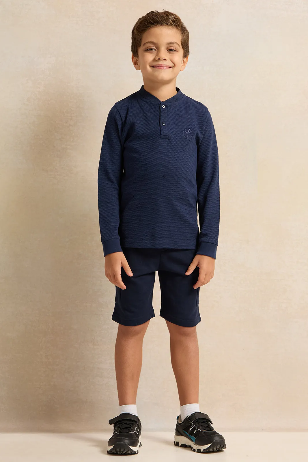 Boys Navy Popcorn Knit Long Sleeve Henley T-Shirt