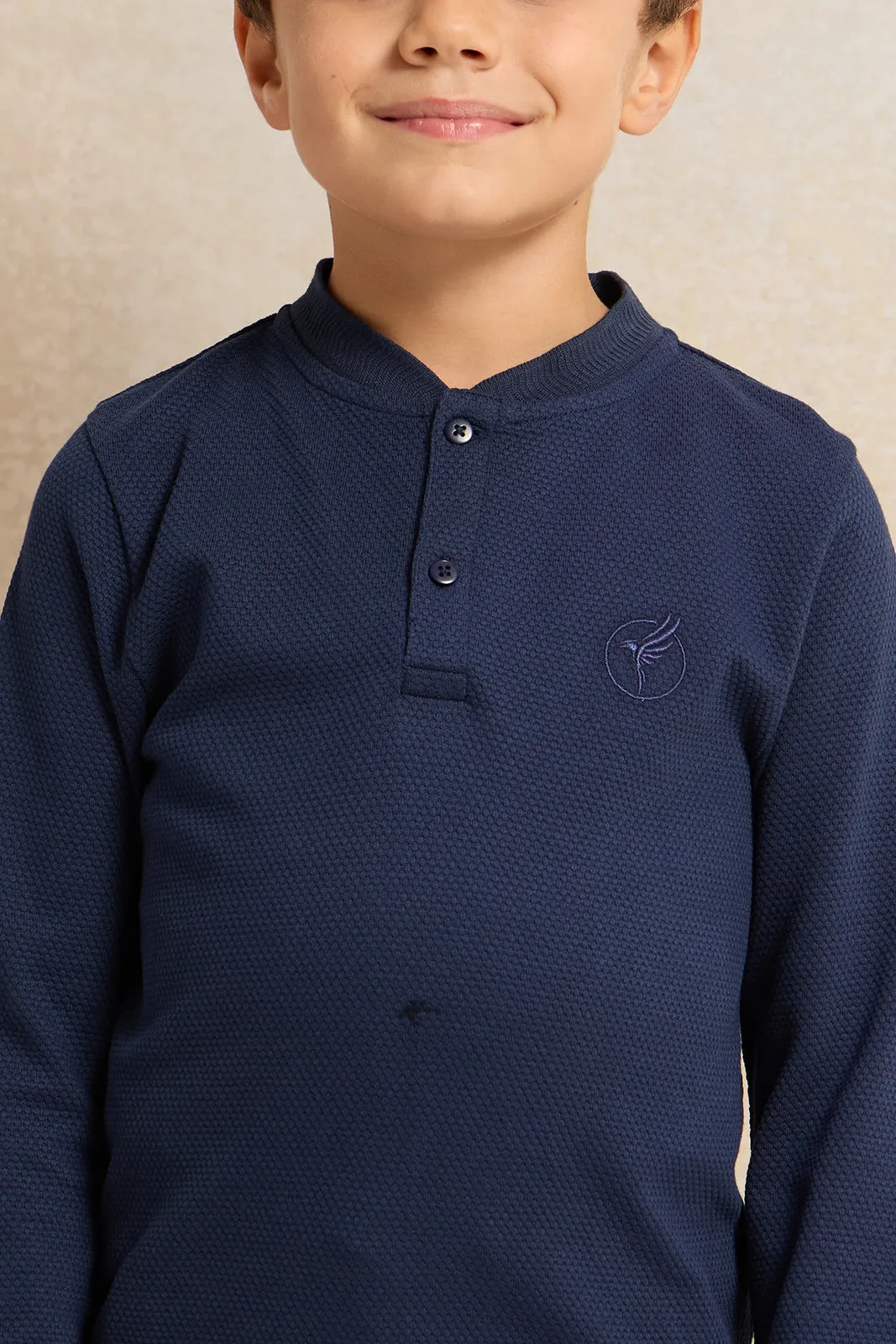 Boys Navy Popcorn Knit Long Sleeve Henley T-Shirt