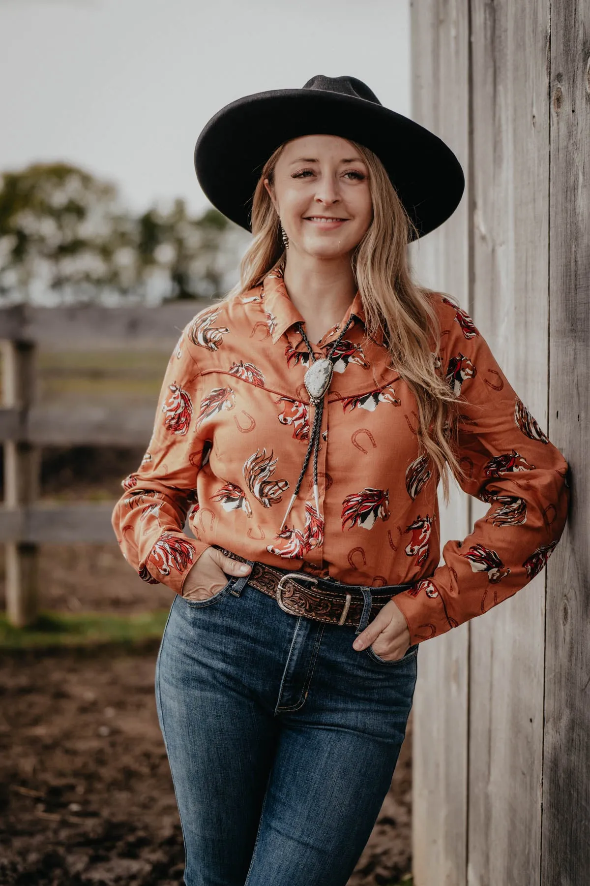 'Bria' Rust Vintage Horse Head Pearl Snap Shirt (S - L)