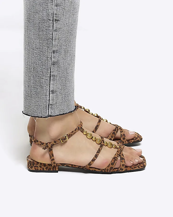 Brown leopard print beaded flat sandals