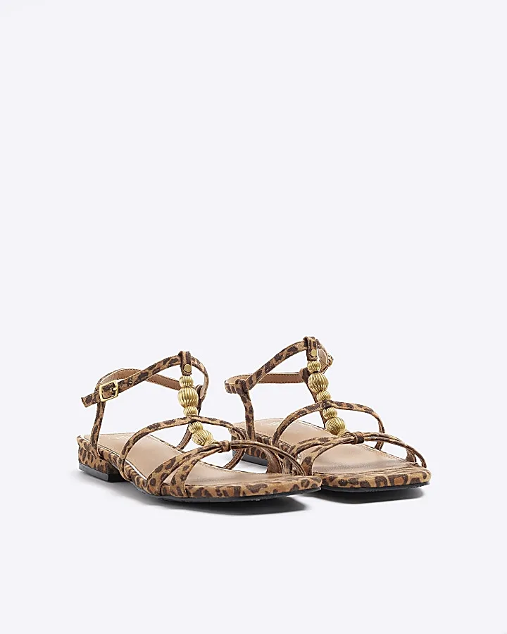 Brown leopard print beaded flat sandals