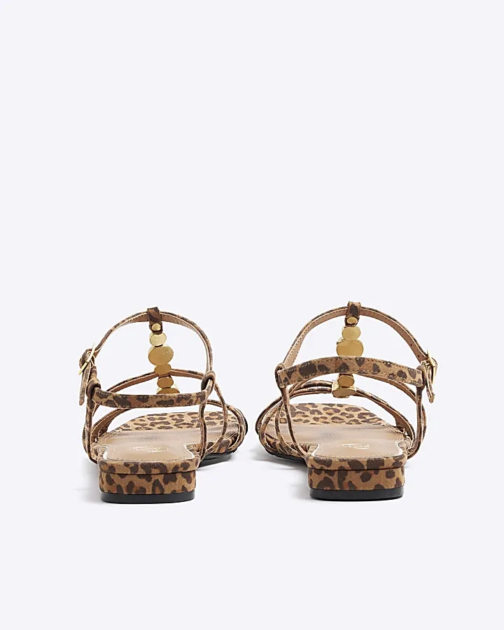 Brown leopard print beaded flat sandals