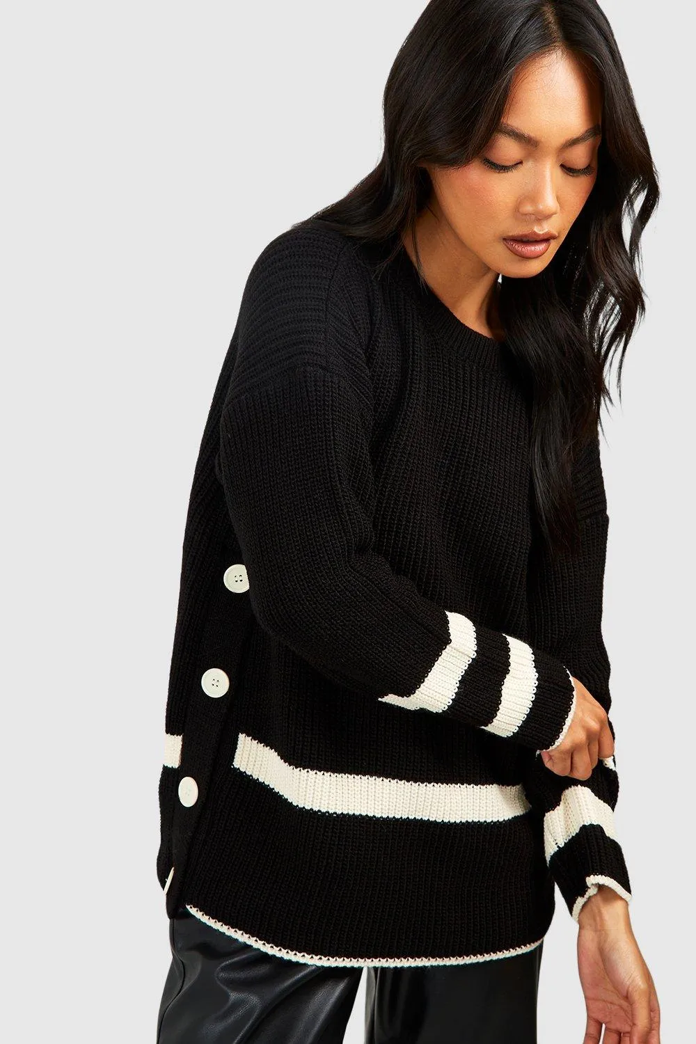 Button Detail Stripe Trim Jumper - Shop Jumpers & Cardigans at boohoo