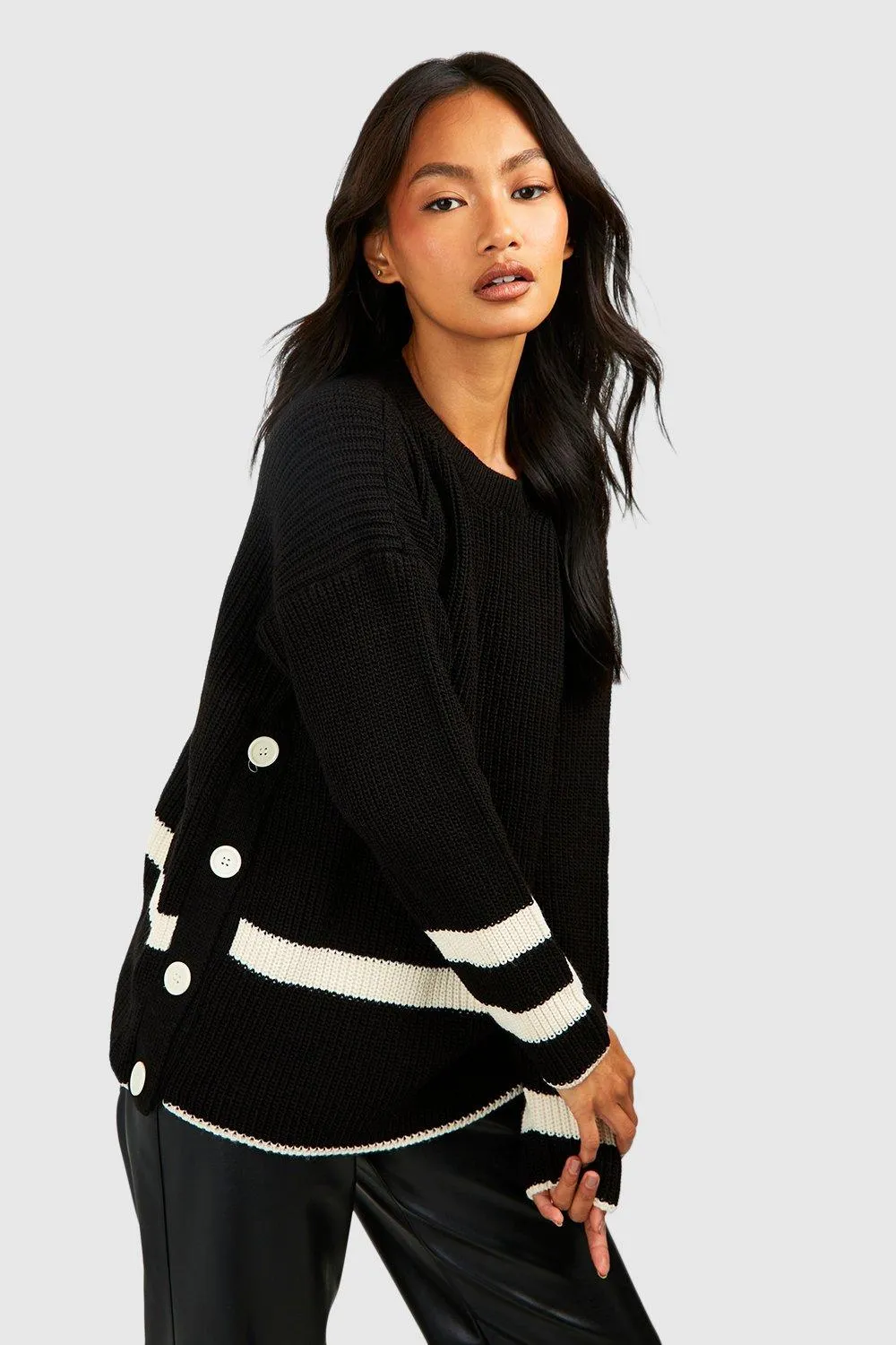 Button Detail Stripe Trim Jumper - Shop Jumpers & Cardigans at boohoo