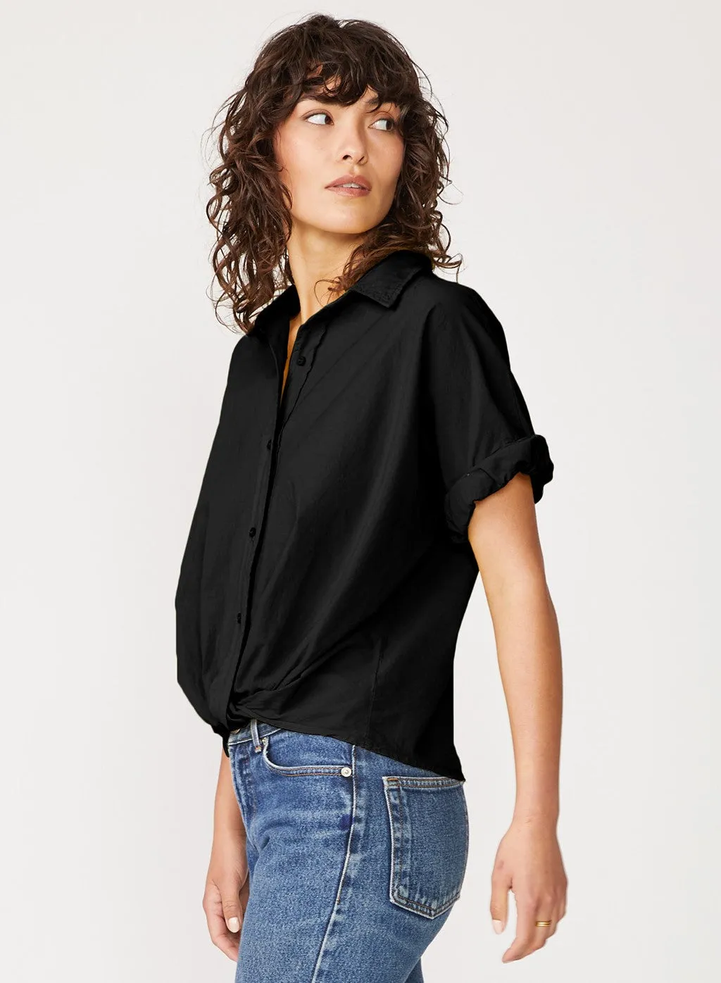 Button Up Shirt Black - Voile Short Sleeve Top Twist