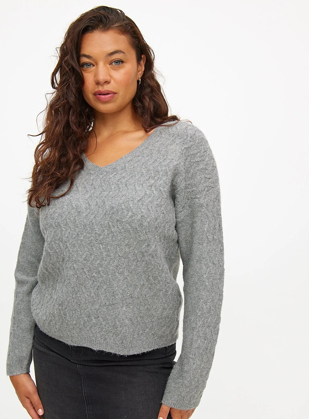 Grey Relaxed V Neck Cable Knit Jumper Size 12 - Tu Clothing