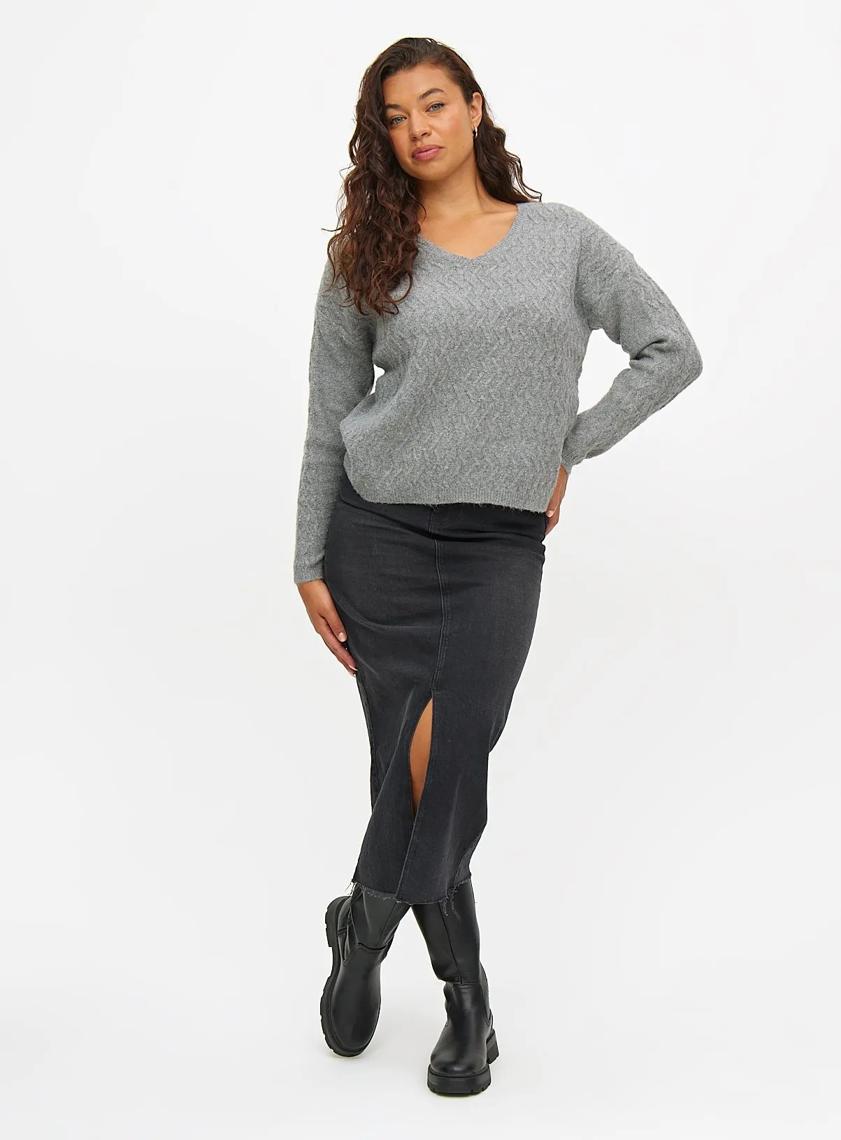 Grey Cable Knit V Neck Jumper | Shop Now at Tu Clothing