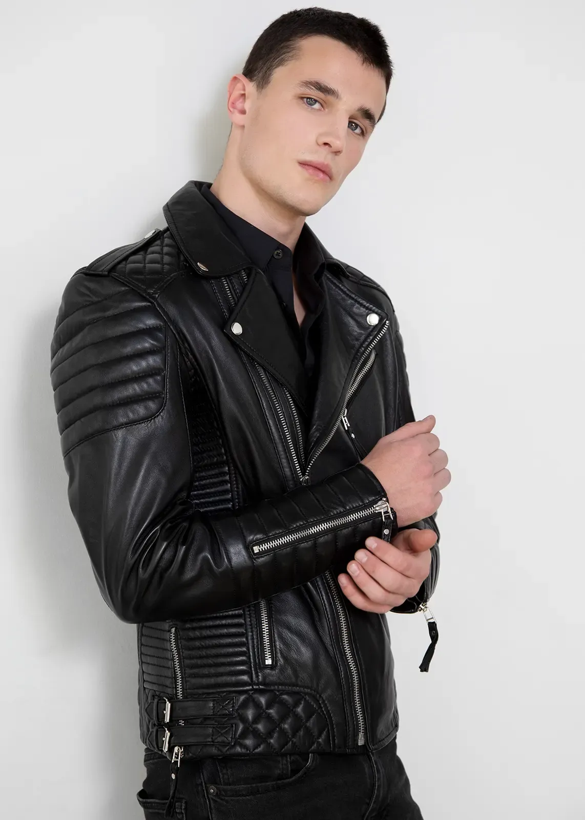 Buy Mens Quilted Black Leather Motorcycle Jacket | LucaJackets