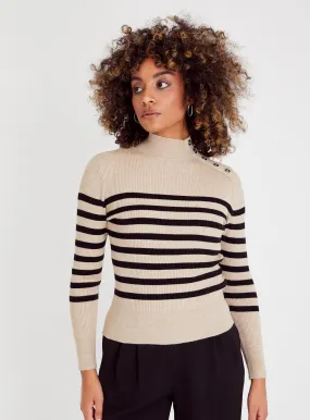 Oatmeal Stripe Button Turtle Neck Jumper - Shop Now at Tu.