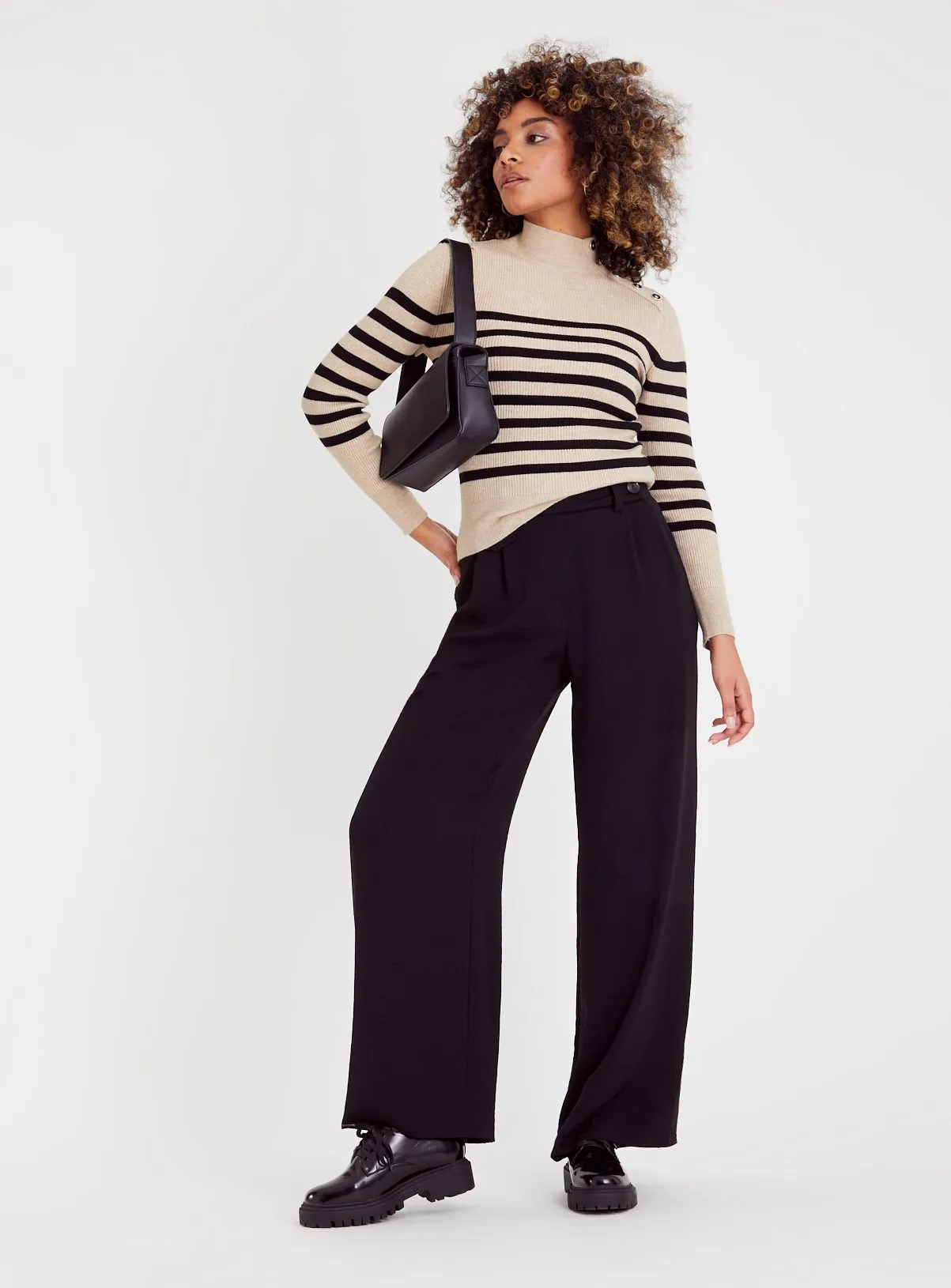 Oatmeal Stripe Button Turtle Neck Jumper - Shop Now at Tu.