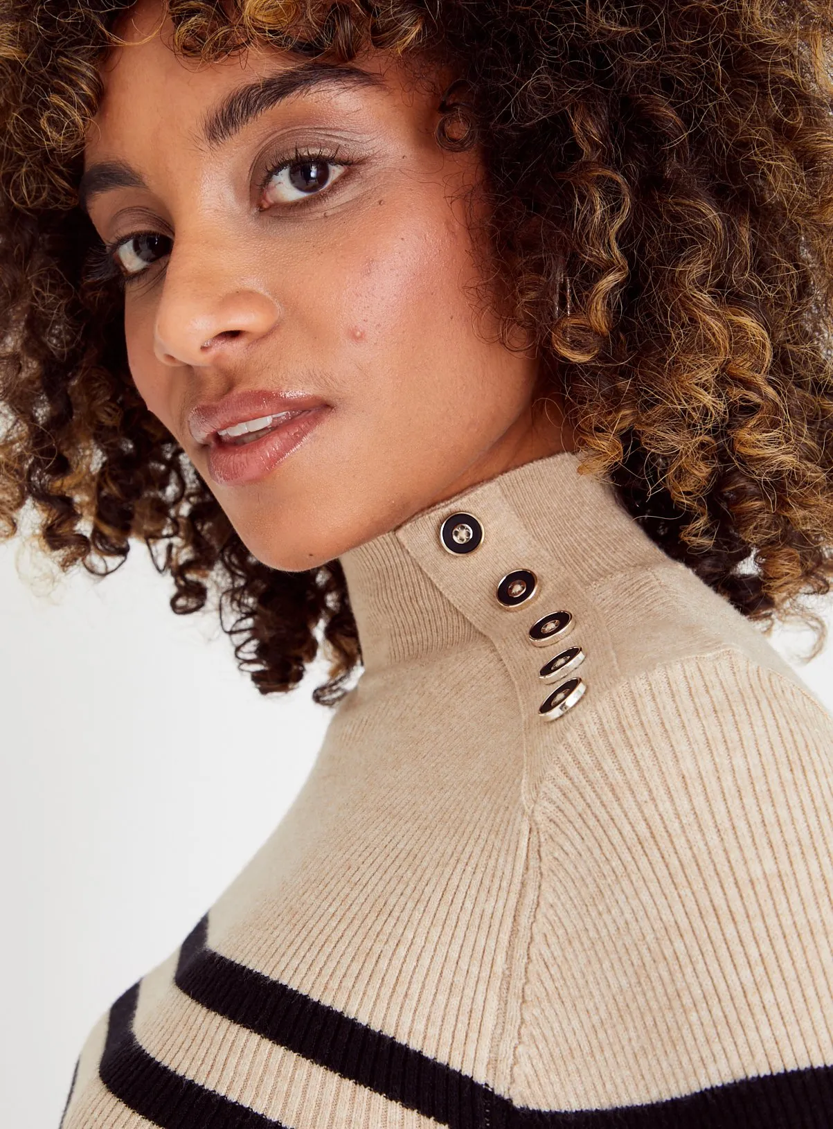 Oatmeal Stripe Button Turtle Neck Jumper - Shop Now at Tu.