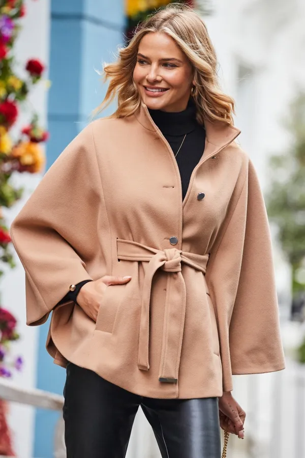 Camel Faux Wool Belted Cape Coat can be rewritten as Camel Belted Cape Coat in Faux Wool to improve search engine optimization.