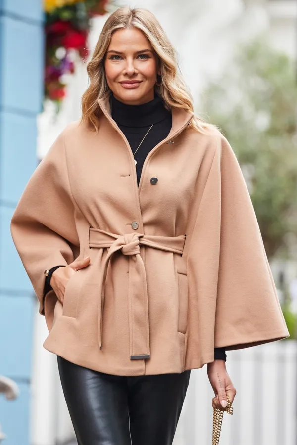 Camel Faux Wool Belted Cape Coat can be rewritten as Camel Belted Cape Coat in Faux Wool to improve search engine optimization.