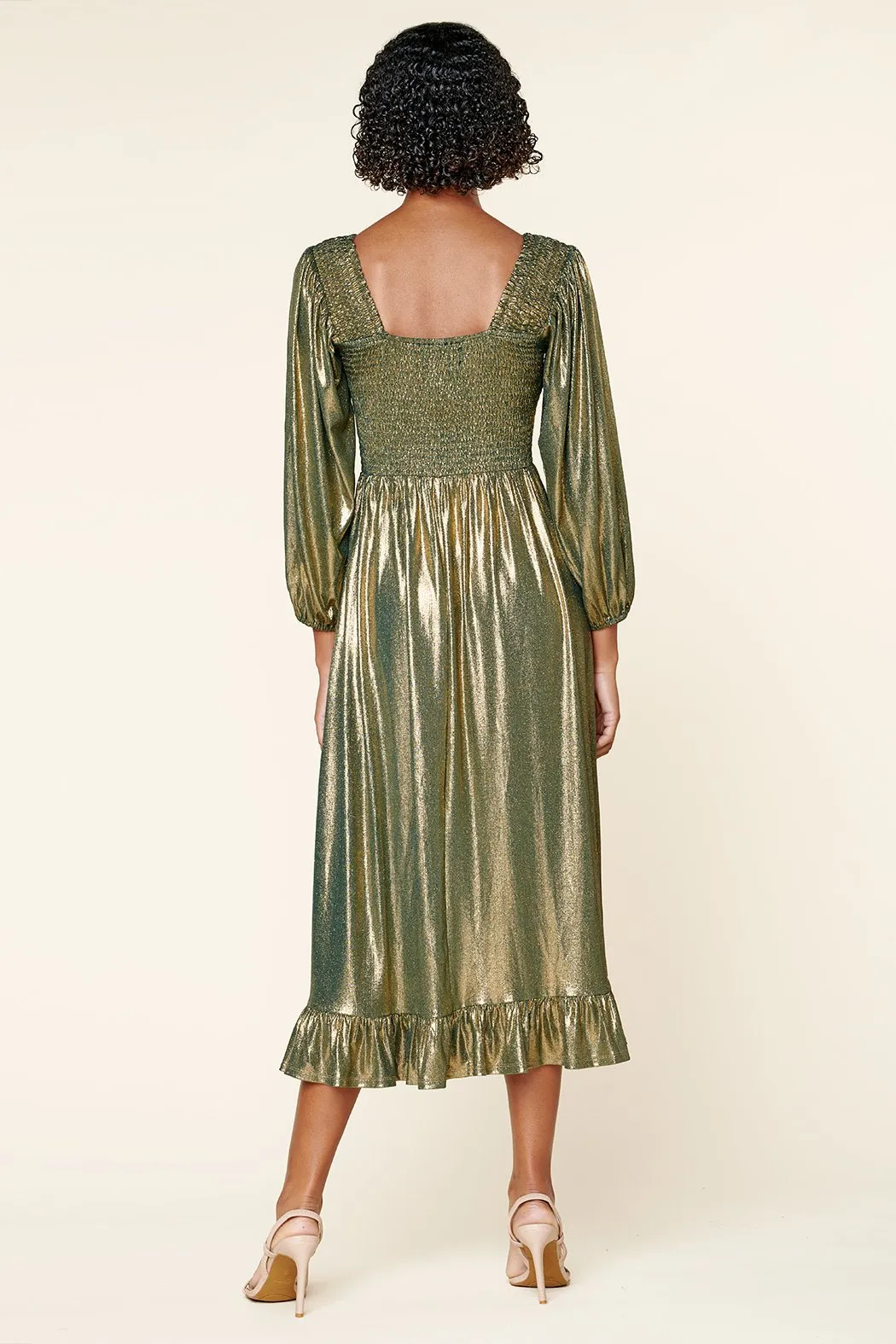 Channing Foil Ribbed Knit Smocked Midi Dress