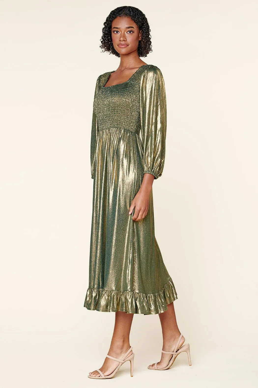 Channing Foil Ribbed Knit Smocked Midi Dress