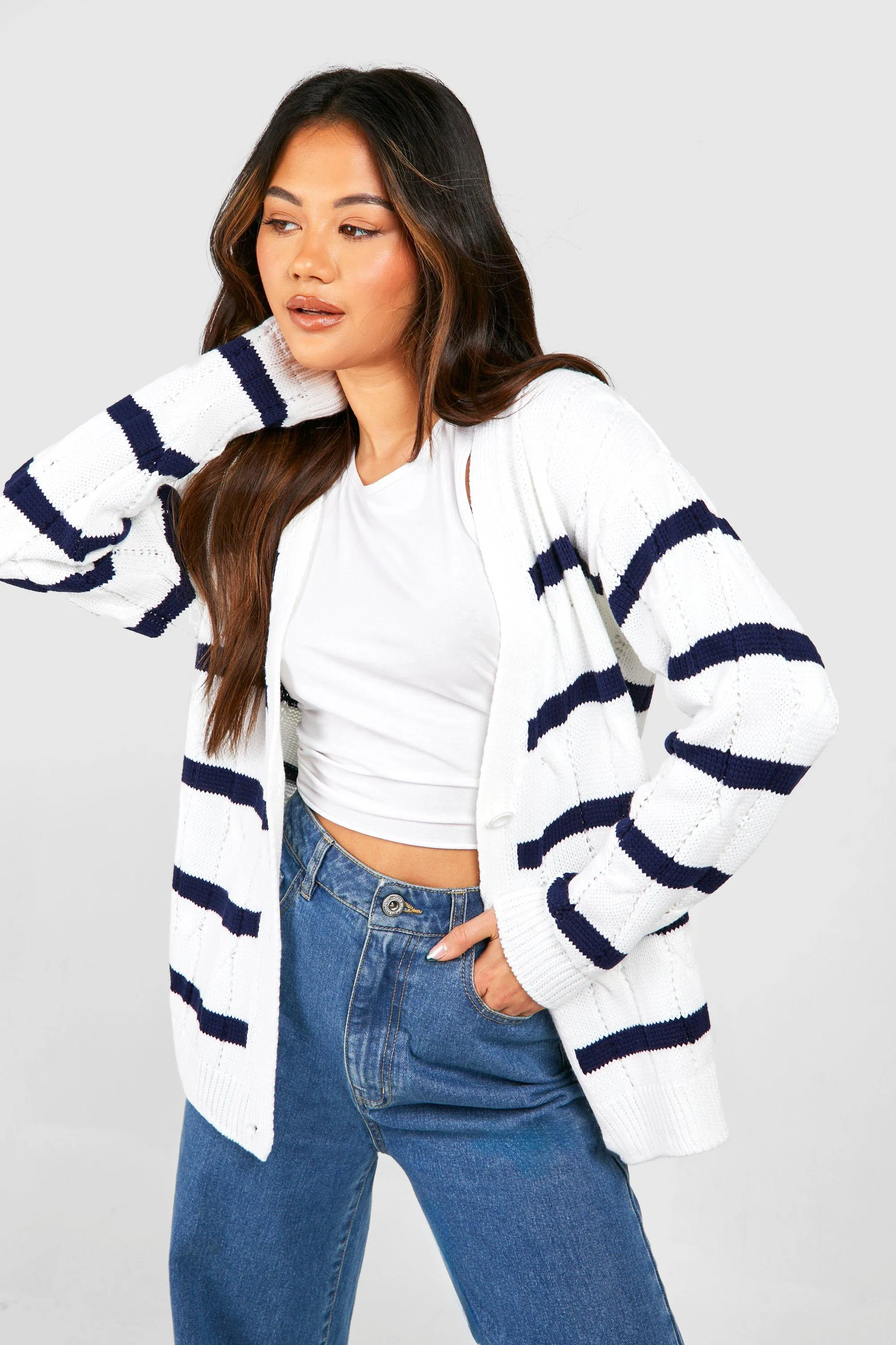 Chunky Cable Stripe Boyfriend Cardigan - Jumpers & Cardigans | boohoo