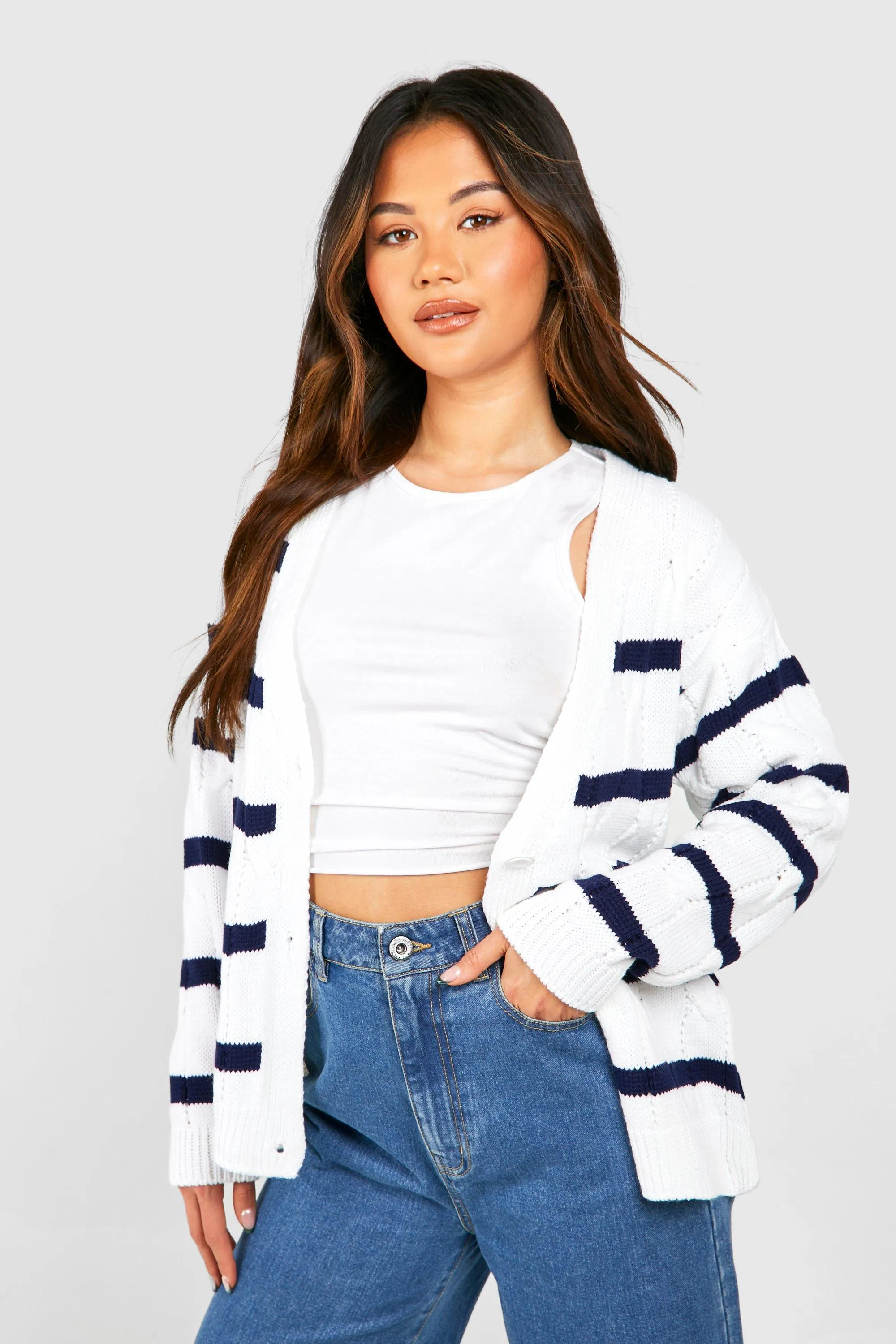 Chunky Cable Stripe Boyfriend Cardigan - Jumpers & Cardigans | boohoo