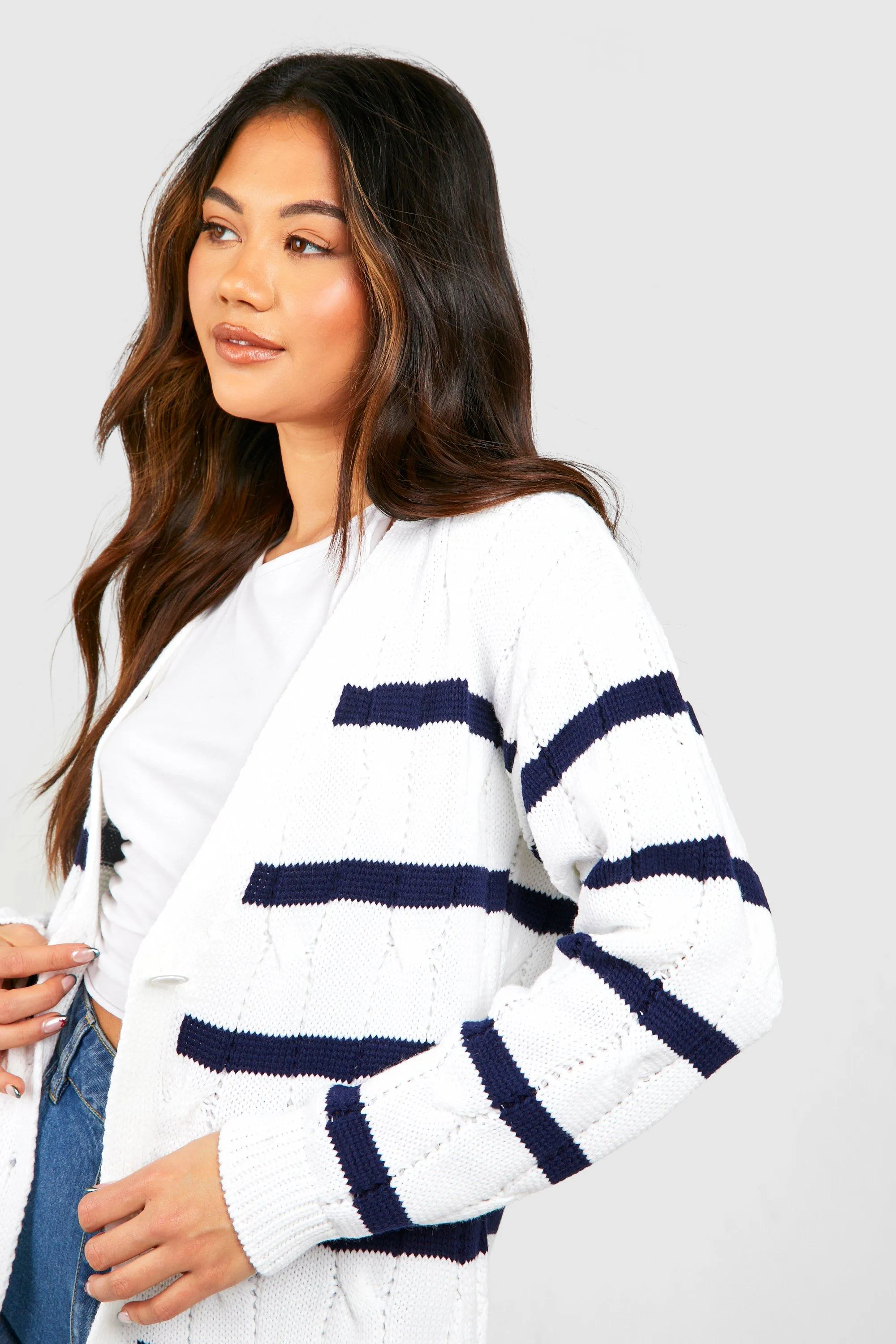 Chunky Cable Stripe Boyfriend Cardigan - Jumpers & Cardigans | boohoo