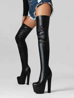 Chunky Heel Round Toe Thigh High Black Boots for Women