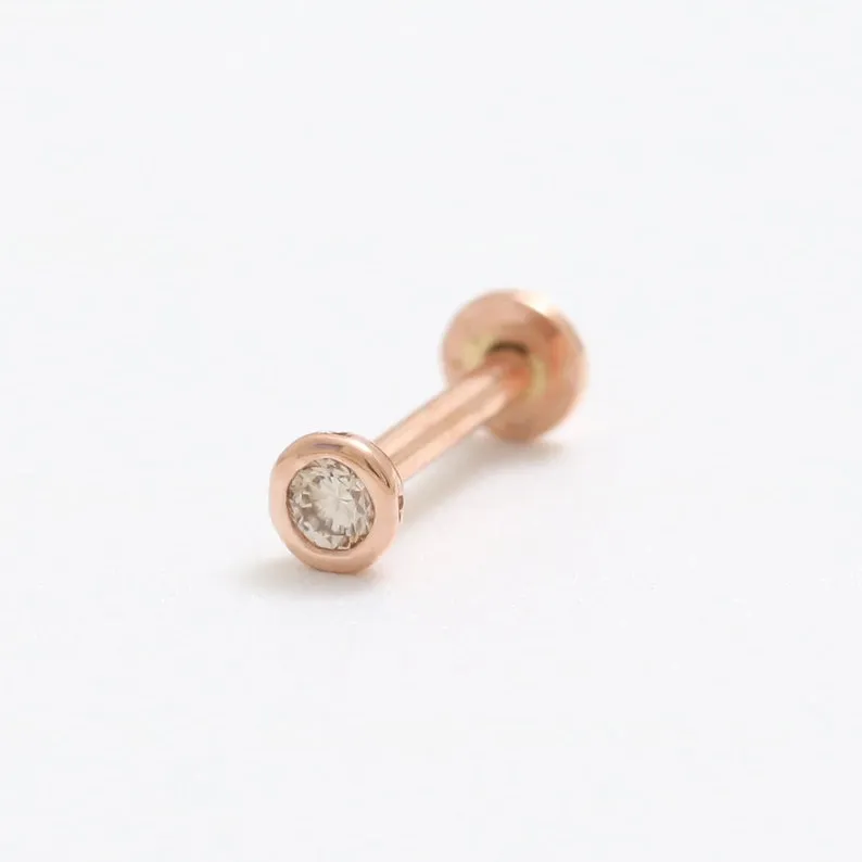 Cognac Diamond Round Bezel 14K Solid Gold Ear Tragus, Cartilage, Conch, Helix, Lobe Internally Threaded Flat Back Labret Earring